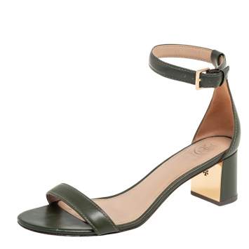 Pre Owned Tory Burch Green  Leather Block Heel Ankle Strap Sandals Size 37.5