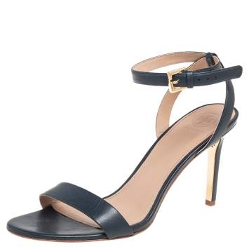 Pre Owned Tory Burch Navy Blue Leather Ankle Strap Open Toe Sandals Size 38