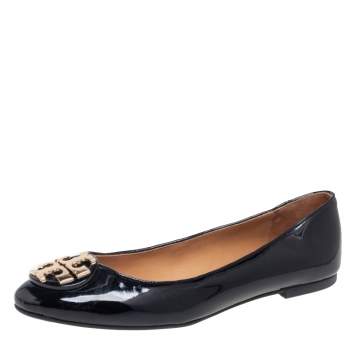 Pre Owned Tory Burch Black Patent Leather Reva Ballet Flat Size 39