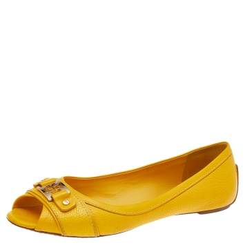 Pre Owned Tory Burch Yellow Leather Cline Peep Toe Ballet Flats Size 40.5