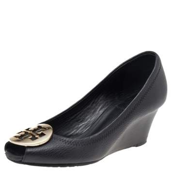 Pre Owned Tory Burch Black Leather Logo Peep Toe Wedge Pumps Size 36