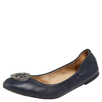 Pre Owned Tory Burch Navy Blue Leather Embellished Logo Scrunch Ballet Flats Size 37.5