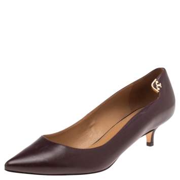 Pre Owned Tory Burch Burgundy Leather Pointed Toe Kitten Heel Pumps Size 38.5