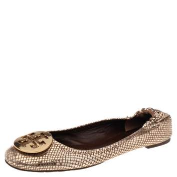 Pre Owned Tory Burch Beige Snakeskin Embossed Leather Reva Pebbled Logo Ballerina Flats Size 41