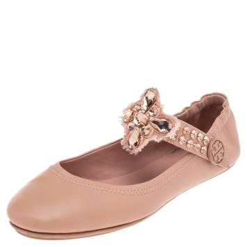 Pre Owned Tory Burch Beige Leather Embellished Strap  Ballet Flats Size 36.5