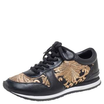 Pre Owned Tory Burch Black Leather and Brocade Fabric Brielle Sneakers Size 36