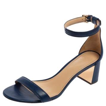 Pre Owned Tory Burch Blue Leather Ankle-Strap Block Heel Sandals Size 40