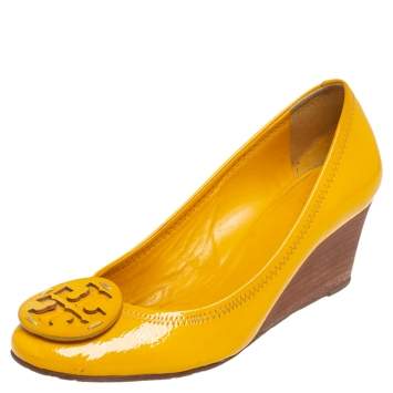 Pre Owned Tory Burch Yellow Patent Leather Sally Wedge Pumps Size 39