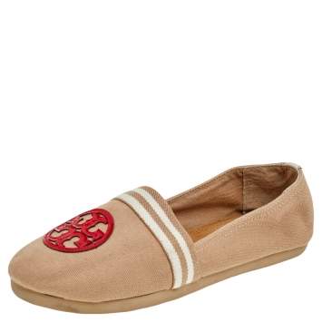 Pre Owned Tory Burch Multicolor Canvas and Patent Leather Espadrille Flats Size 37.5