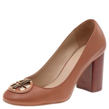Pre Owned Tory Burch Brown Leather Janey Round Toe Pumps Size 37.5