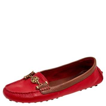 Pre Owned Tory Burch Red/Brown Leather Slip On Loafers Size 39