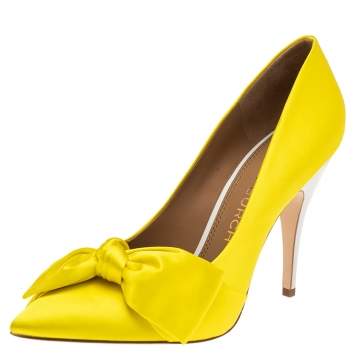 Pre Owned Tory Burch Yellow Satin Knotted Bow Pointed-Toe Pumps Size 40.5