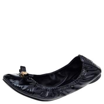 Pre Owned Tory Burch Black Patent Leather Scrunch Ballet Flats Size 37