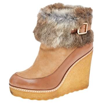 Pre Owned Tory Burch Tan Leather, Suede And Fur Wedge Ankle Boots Size 37