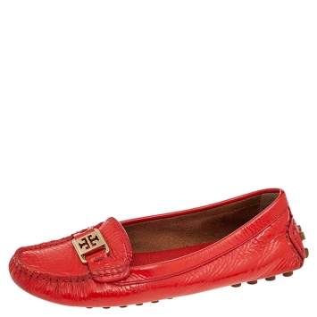 Pre Owned Tory Burch Red Patent Leather Driving Loafers Size 37.5