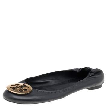 Pre Owned Tory Burch Black Leather Minnie Scrunch Ballet Flats Size 39.5