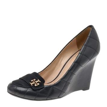 Pre Owned Tory Burch Black Quilted Leather And Suede Leila Wedge Pumps Size 37.5