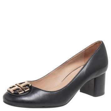 Pre Owned Tory Burch Black Leather Janey Block Heel Pumps Size 35