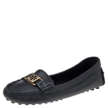 Pre Owned Tory Burch Black Leather Slip On Loafers Size 38