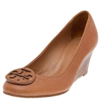 Pre Owned Tory Burch Brown Leather Sally Wedge Pumps Size 38