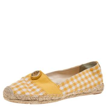 Pre Owned Tory Burch Yellow/White Gingham Fabric And Canvas Espadrille Flats Size 37.5