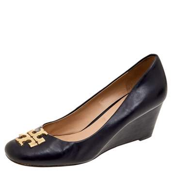 Pre Owned Tory Burch Black Leather Logo Wedge Pumps Size 38