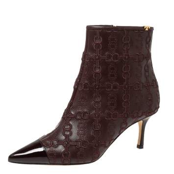 Pre Owned Tory Burch Dark Brown Embroidered Leather Penelope Ankle Boots Size 37
