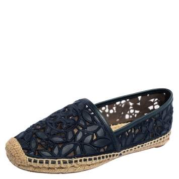Pre Owned Tory Burch Navy Blue Mesh and Leather Trim Jacki Espadrille Flats Size 38