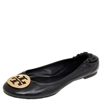 Pre Owned Tory Burch Black Leather Scrunch Ballet Flats Size 38
