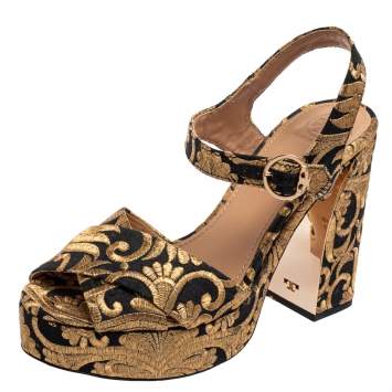 Pre Owned Tory Burch Black/Gold Brocade Fabric Loretta Sandals Size 38.5