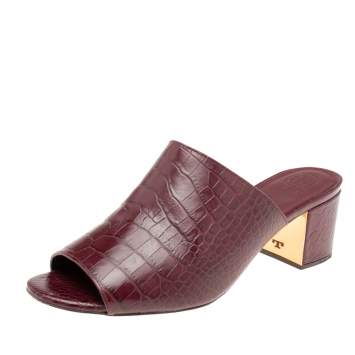 Pre Owned Tory Burch Burgundy Croc Embossed Leather Salinas Peep Toe Sandals Size 39