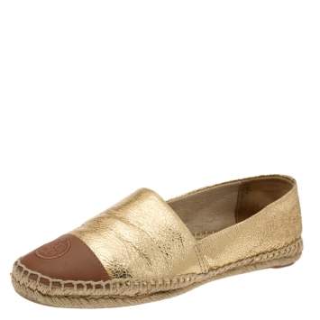 Pre Owned Tory Burch Gold/Beige Leather Cap Toe Flat Espadrilles Size 38.5