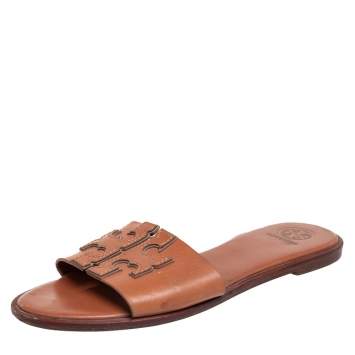 Pre Owned Tory Burch Brown Leather Ines Slide Sandals Size 38