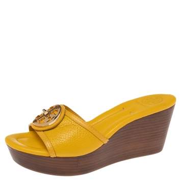 Pre Owned Tory Burch Yellow Leather Selma Logo Wedge Slide Sandals Size 38