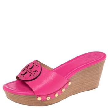 Pre Owned Tory Burch Pink Leather Patty Wedge Slide Sandals Size 37.5