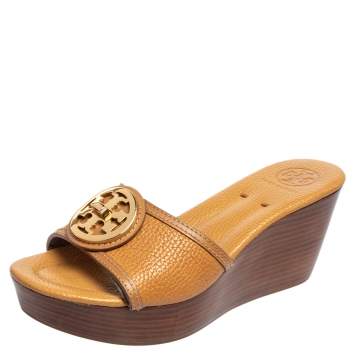 Pre Owned Tory Burch Light Brown Leather Platform Wedge Sandals Size 37.5