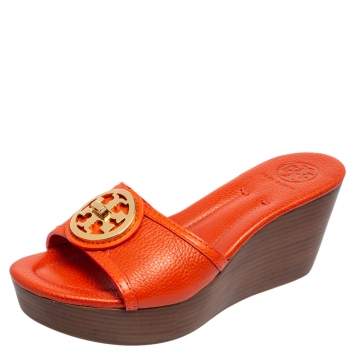 Pre Owned Tory Burch Orange Leather Patty Wedge Slide Sandals Size 37.5
