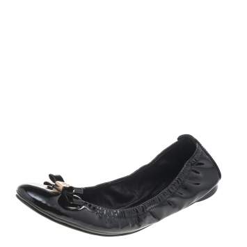 Pre Owned Tory Burch Black Patent Leather Bow Scrunch Ballet Flats Size 37.5