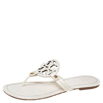 Pre Owned Tory Burch White Patent Leather Thong Flat Sandals Size 38.5