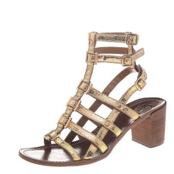Pre Owned Tory Burch Gold Leather Gladiator Sandals Size 37.5