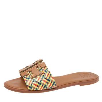 Pre Owned Tory Burch Multicolor Woven Raffia and Leather Carmen Slide Flats Size 38.5