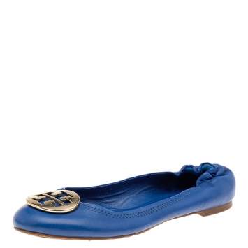 Pre Owned Tory Burch Blue Leather Twiggie Scrunch Ballet Flats Size 38
