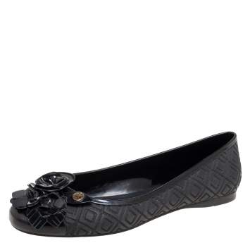 Pre Owned Tory Burch Black Jelly Blossom Ballet Flats Size 39.5