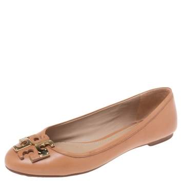 Pre Owned Tory Burch Brown Leather  Logo Bow Ballet Flats Size 39