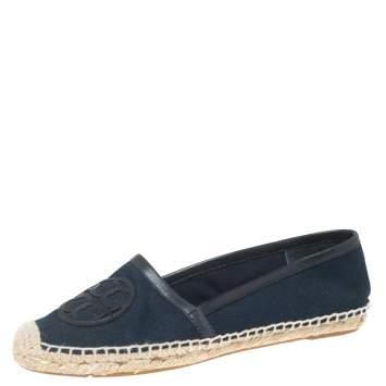Pre Owned Tory Burch Navy Blue Canvas Angus Flat Espadrilles Size 37.5