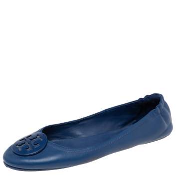 Pre Owned Tory Burch Royal Blue Leather Minnie Travel Ballet Flats Size 41.5