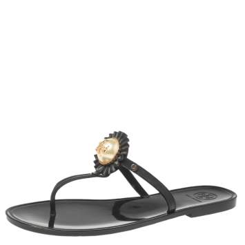 Pre Owned Tory Burch Black Jelly Logo Pearl Melody Flat Thong Sandals Size 39.5