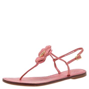 Pre Owned Tory Burch Pink Leather Flower Embellished Flat Thong Sandals Size 38