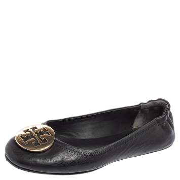 Pre Owned Tory Burch Black Leather Minnie Travel Logo Ballet Flats Size 38