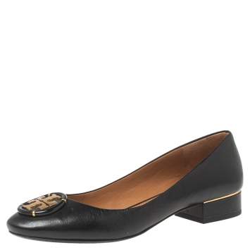 Pre Owned Tory Burch Black Leather Multi Logo Ballet Flats Size 38